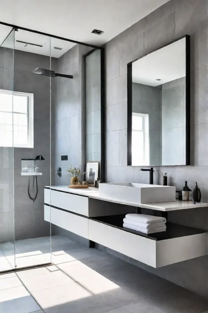 A serene small bathroom with light gray porcelain tiles and minimalist white