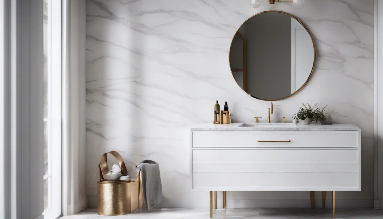 A sleek and minimalist white bathroom vanity with a marble countertop and brushed gold hardware