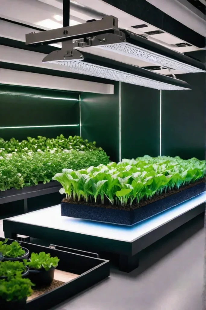A sleek and modern hydroponic or aquaponic vegetable garden system showcasing the 1