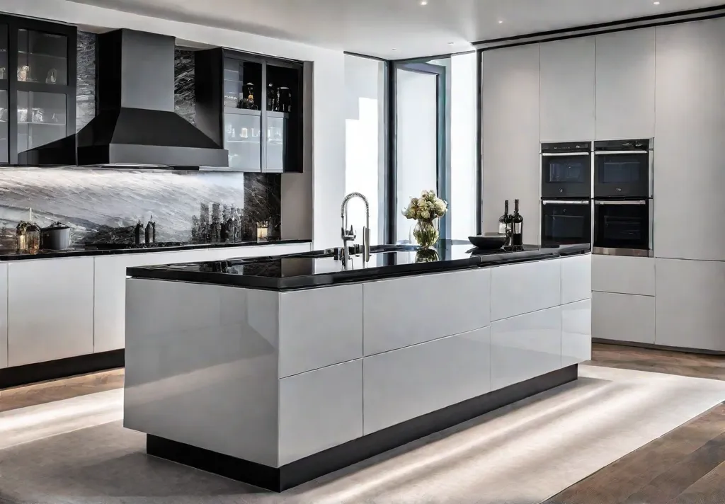 A sleek and modern luxury kitchen featuring a black granite island withfeat