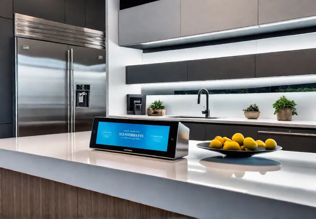 A sleek modern kitchen bathed in soft warm light Stainless steel smartfeat