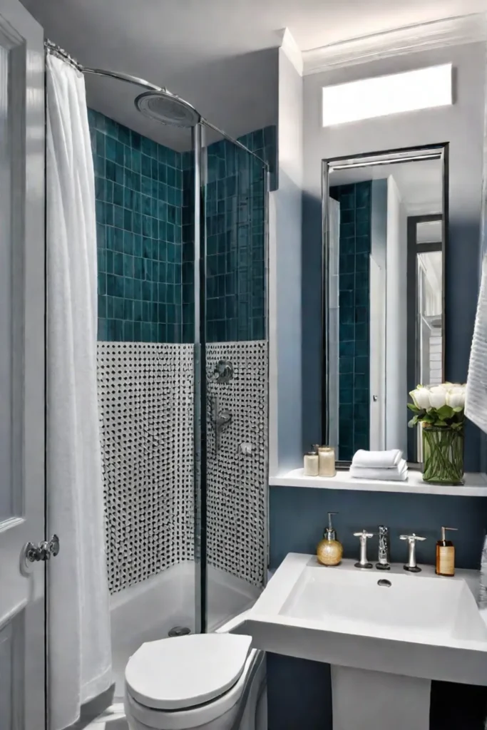 A small bathroom maximizing space with a showertub combo a pedestal sink 1