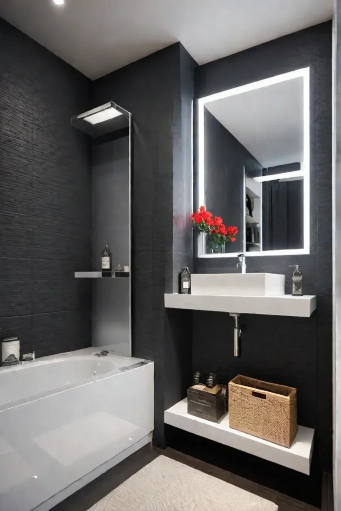 A small bathroom utilizing spacesaving solutions like a corner sink compact toilet