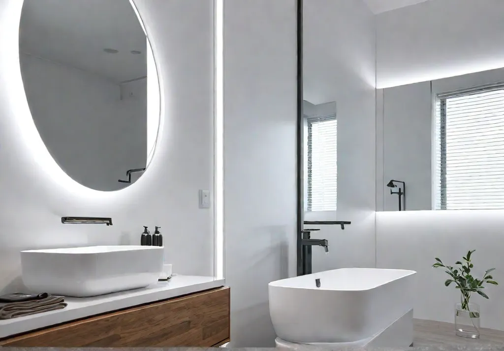 A small bathroom with a bright and airy atmosphere featuring a largefeat