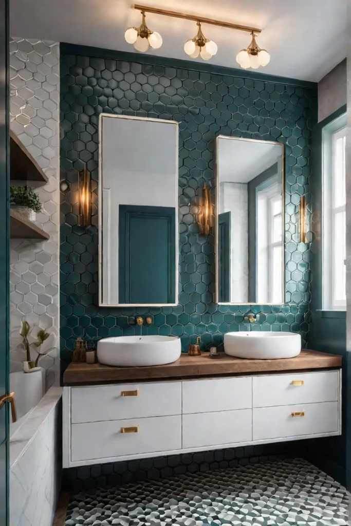 A small bathroom with a mix of patterned and solidcolored ceramic tiles
