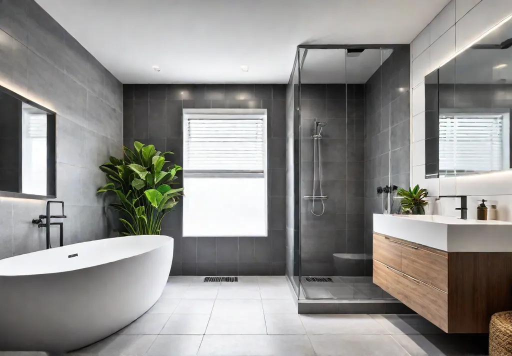 A small bathroom with light gray porcelain tiles on the walls andfeat