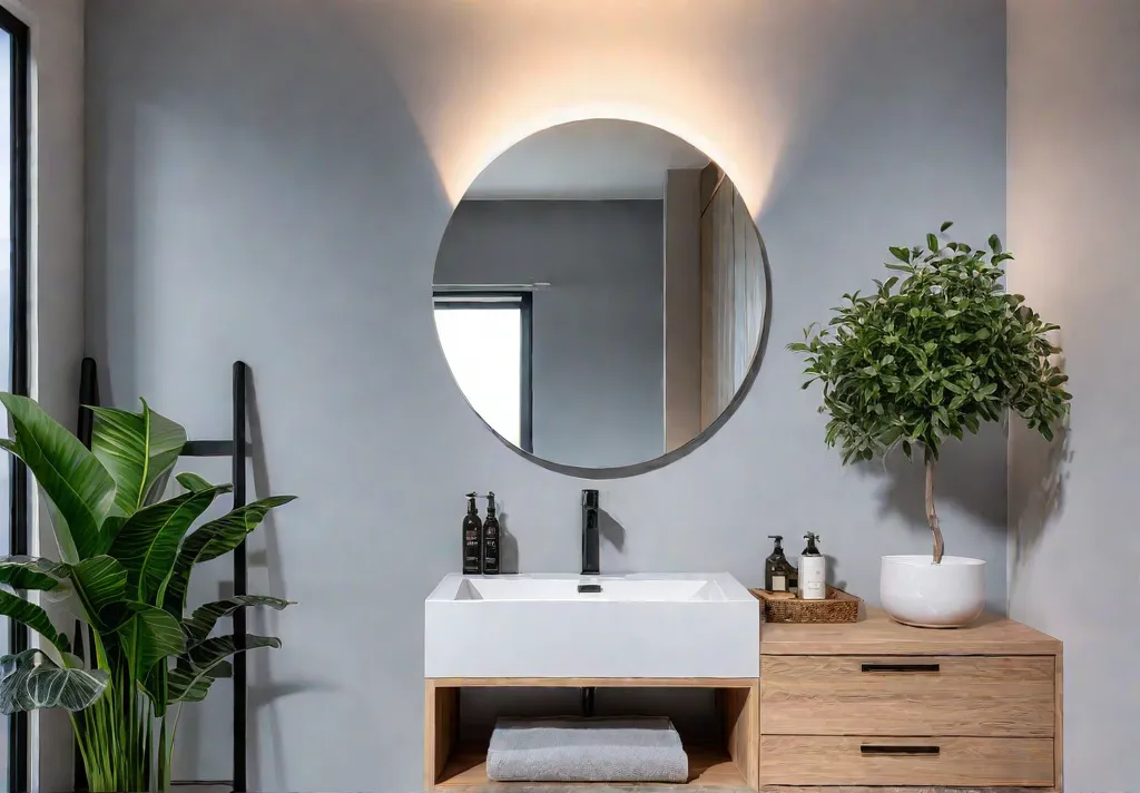 A small bathroom with light gray walls adorned with a vertical arrangementfeat