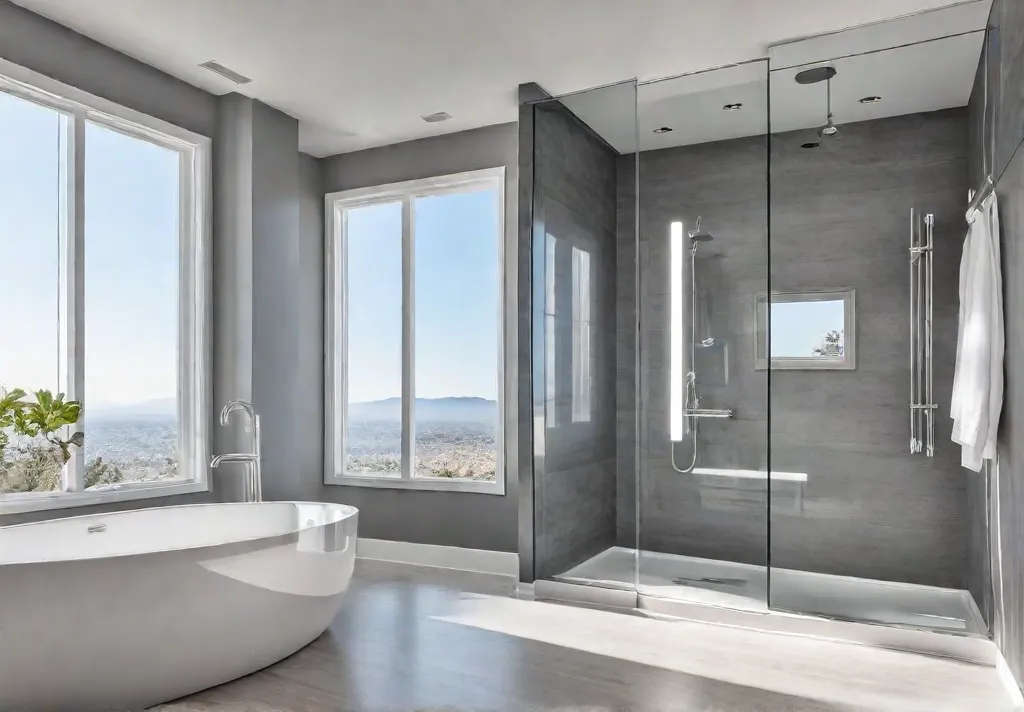 A small bathroom with light gray walls white fixtures and a largefeat