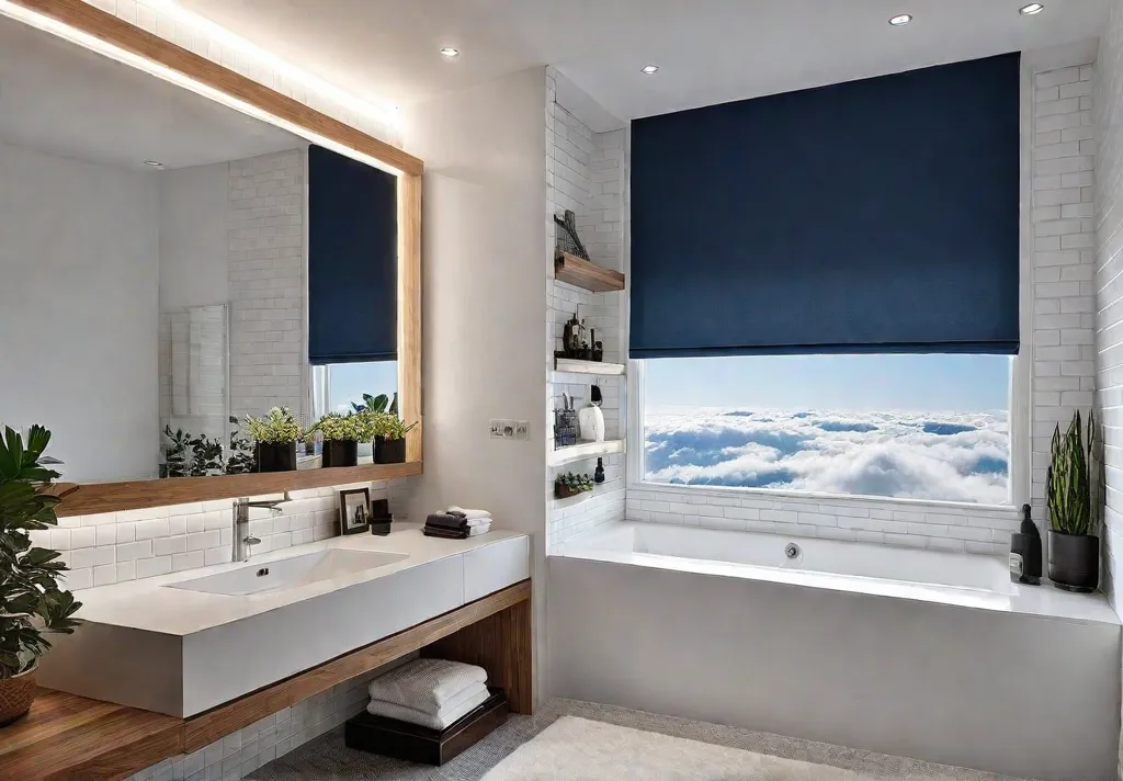 A small bathroom with white subway tiles and a natural wood vanityfeat
