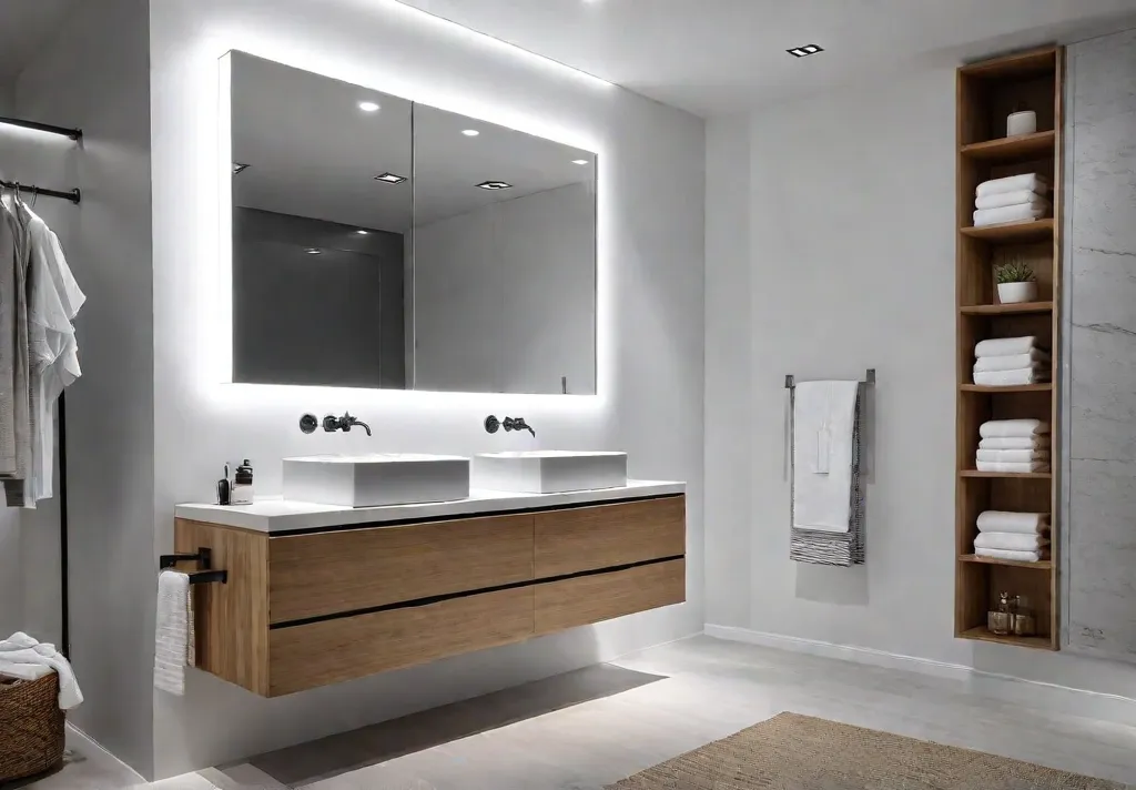 A small bathroom with white walls and light wood accents featuring afeat