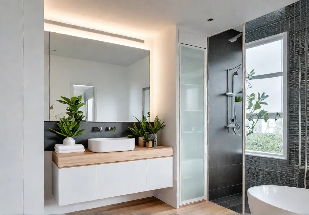 A small bright bathroom with white walls and light wood flooring Afeat