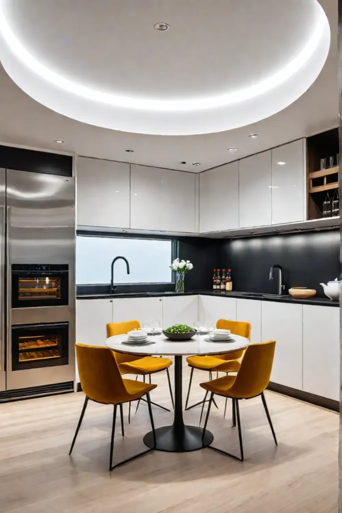 A small bright kitchen utilizing vertical space and compact appliances for a