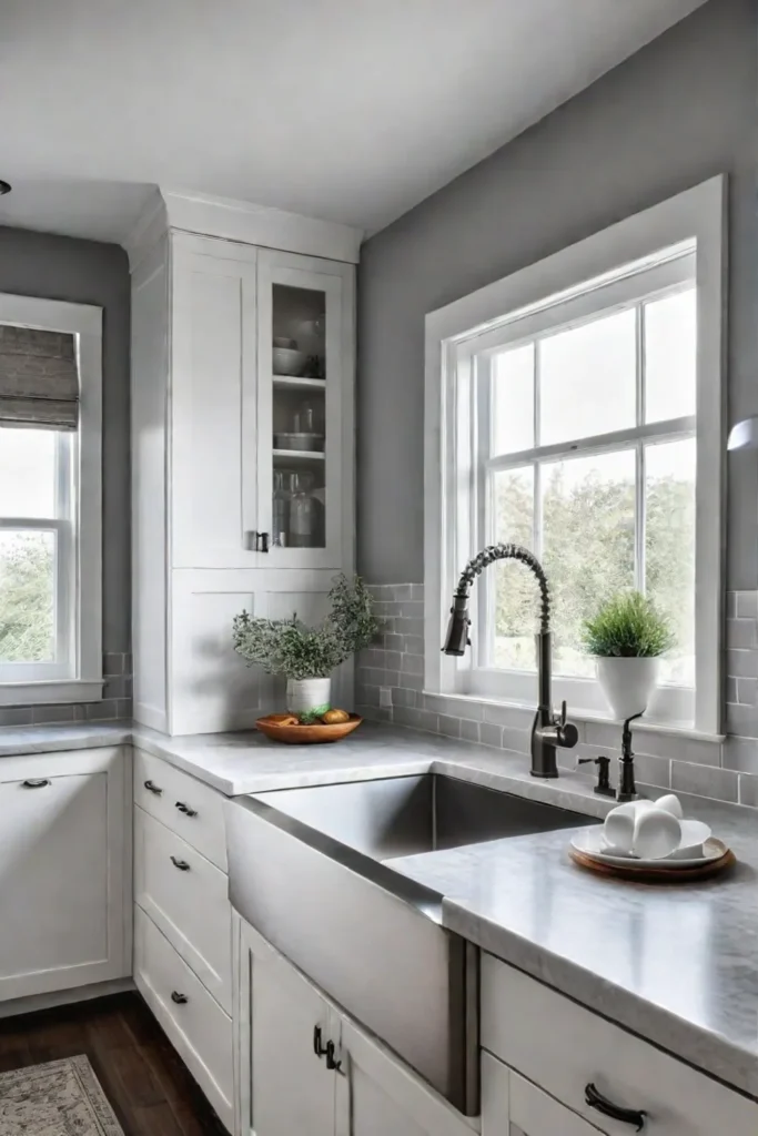 A small kitchen with ample natural light white cabinets and open shelving