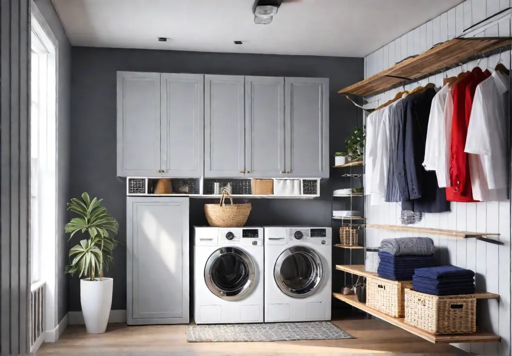 A small laundry room with maximized wall space featuring shelves pegboards andfeat