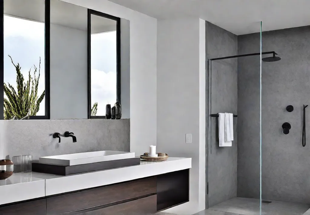 A small modern bathroom bathed in natural light showcasing a sleek wallmountedfeat