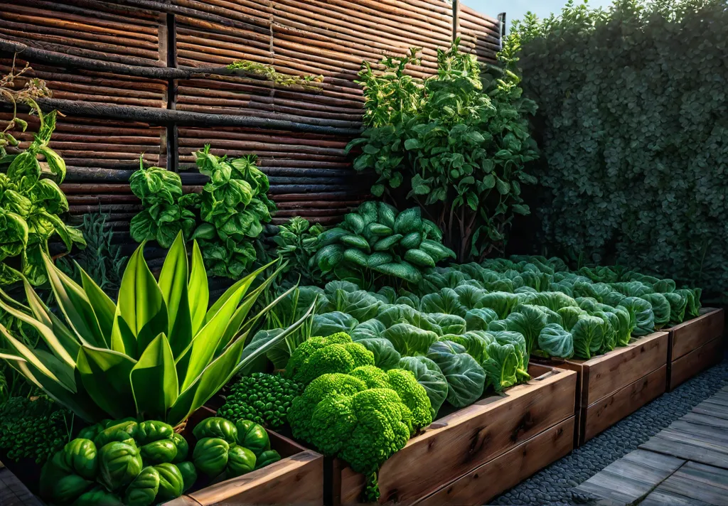 A small urban garden with a raised bed overflowing with a varietyfeat