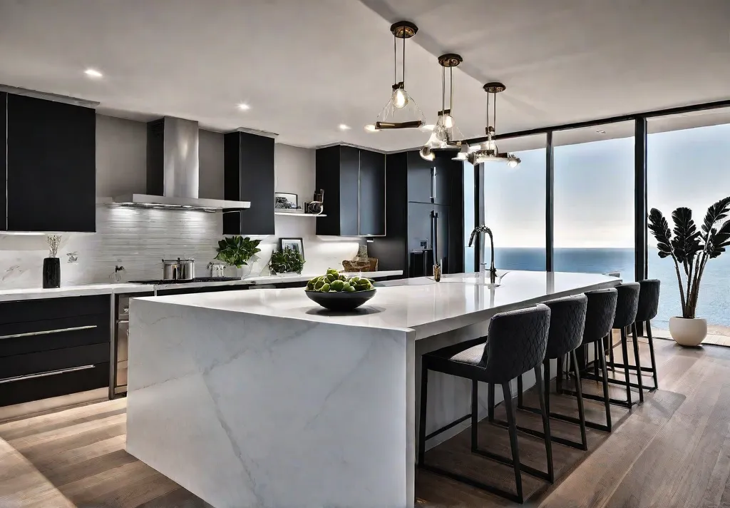 A spacious and modern kitchen with an open concept layout featuring afeat