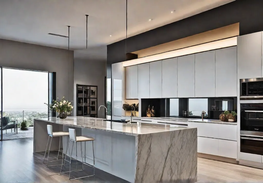 A spacious and sophisticated kitchen with a large marble island sleek cabinetryfeat