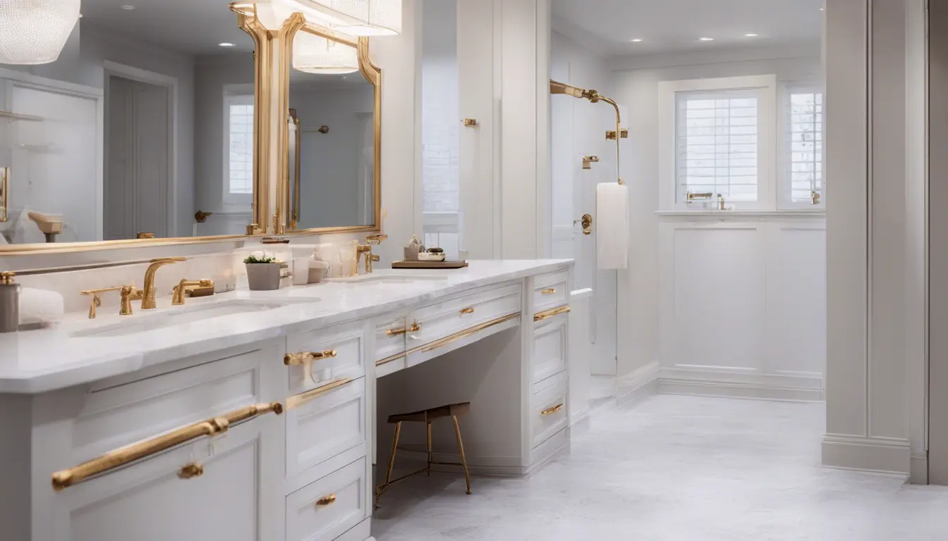 A spacious bathroom with a double vanity featuring elegant shaker style cabinetry in a classic white