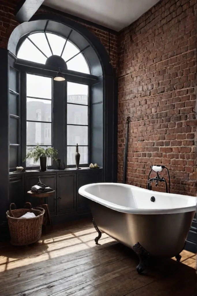 A spacious farmhouse bathroom with a double vanity farmhouse lighting fixtures and