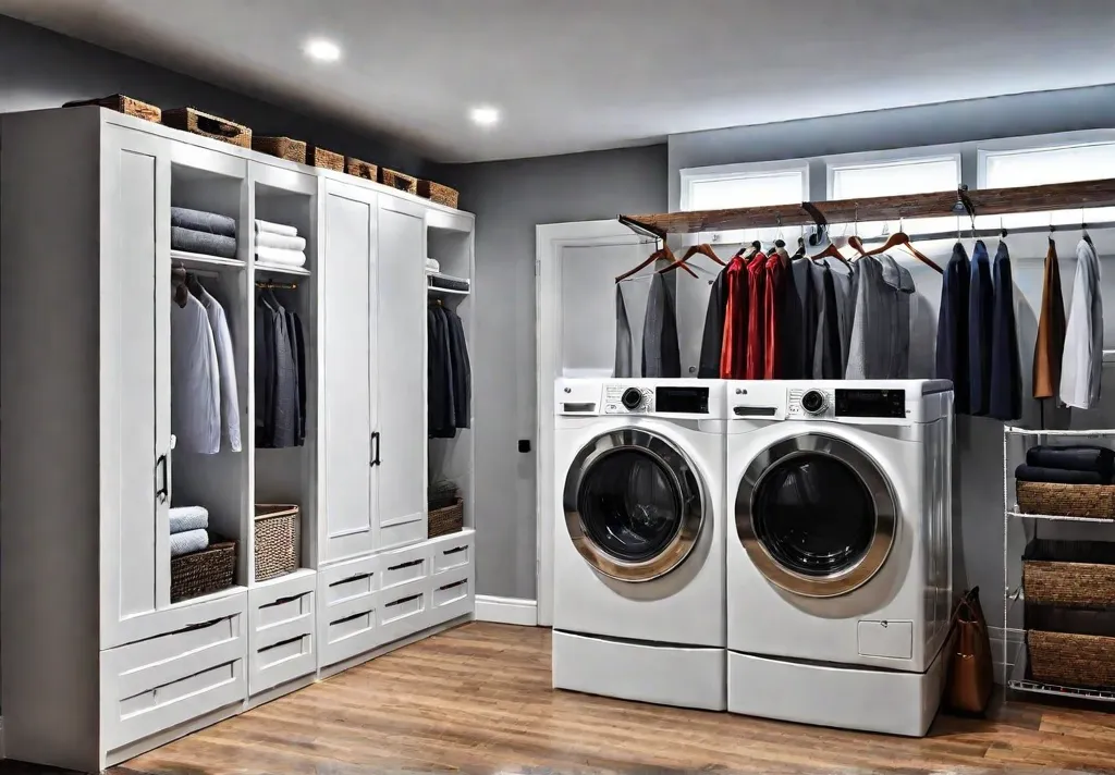 A spacious laundry room with ample storage featuring floortoceiling shelves hanging racksfeat