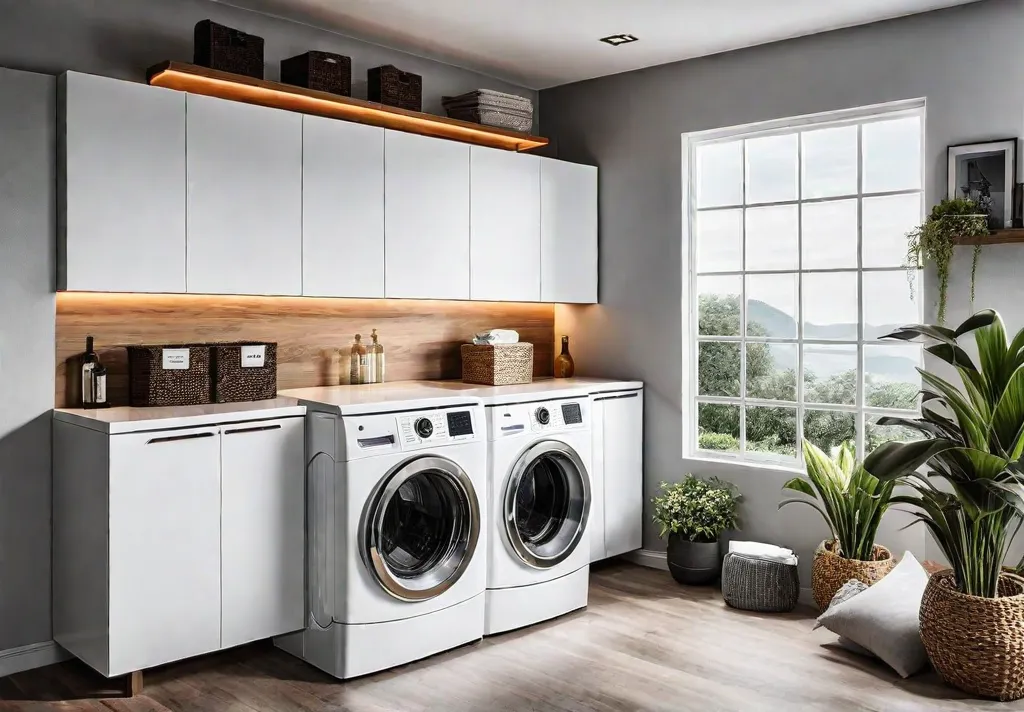 A spacious laundry room with ample storage featuring white cabinets open shelvesfeat