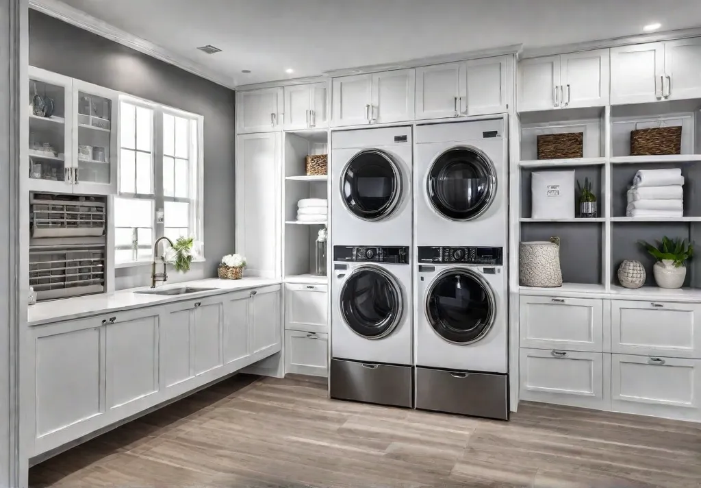 A spacious laundry room with floortoceiling cabinets in a crisp white finishfeat