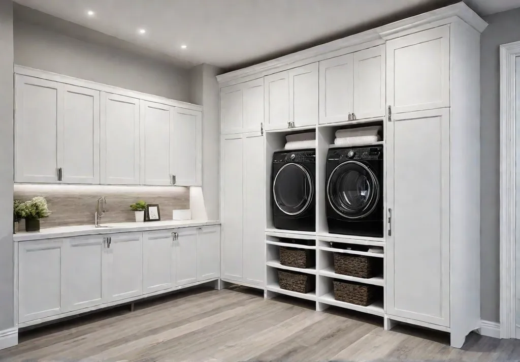 A spacious laundry room with floortoceiling shelves and drawers maximizing vertical spacefeat