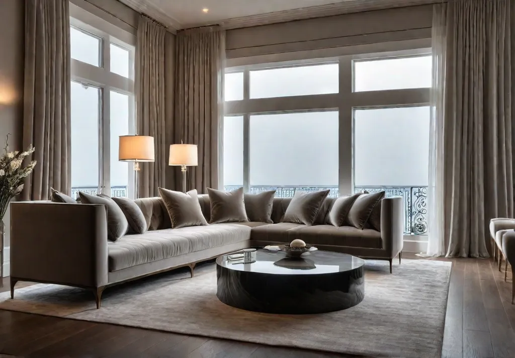 A spacious living room with neutral walls plush velvet sofas in beigefeat