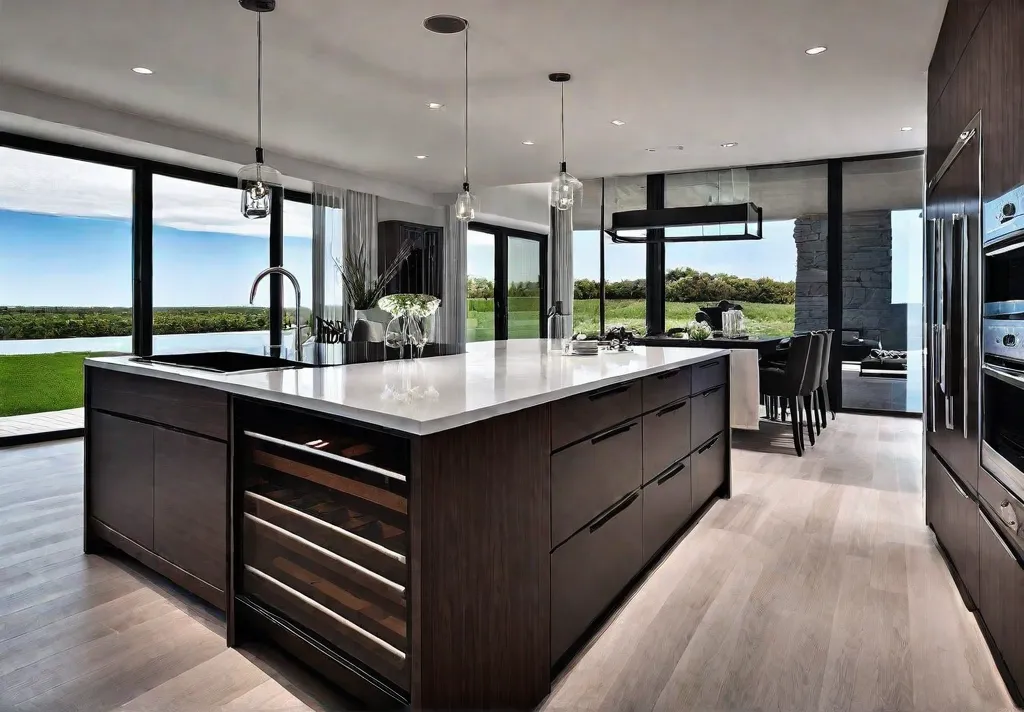 A spacious luxury kitchen with an island featuring a waterfall quartz countertopfeat