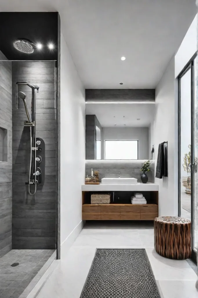 A spalike bathroom with a walkin shower featuring a builtin niche natural