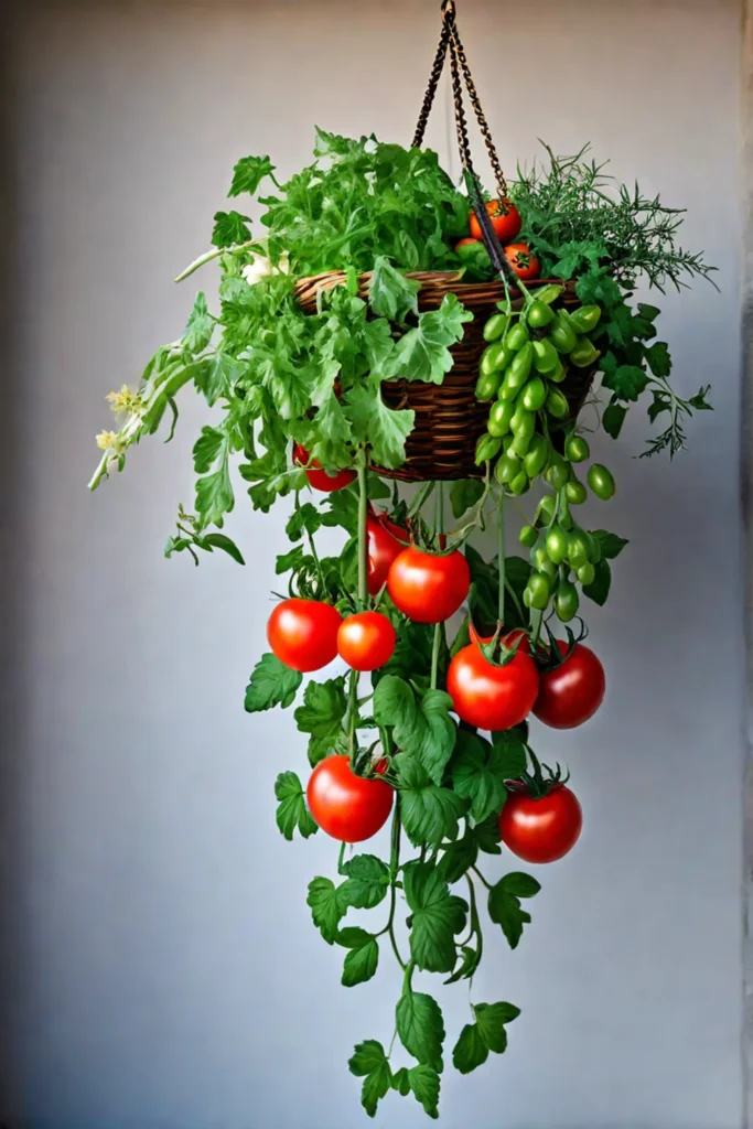 A stunning display of hanging baskets filled with cascading tomato vines fragrant