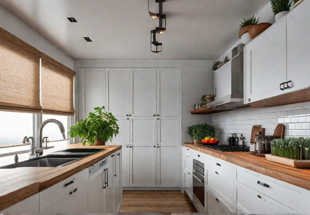 A sunlit galley kitchen with white shaker cabinets stainless steel appliances andfeat