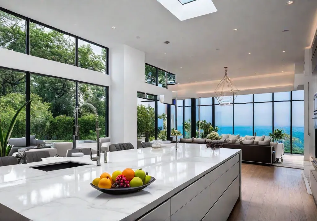 A sunlit kitchen with large windows showcasing a lush garden view Thefeat