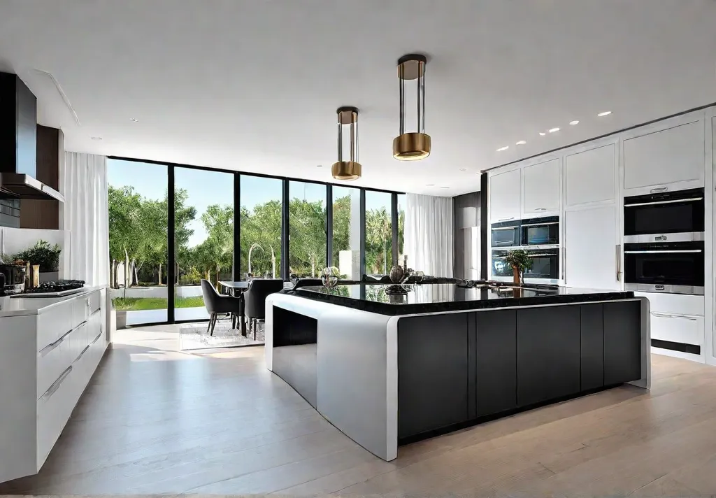 A sunlit kitchen with sleek white cabinets and a spacious island toppedfeat