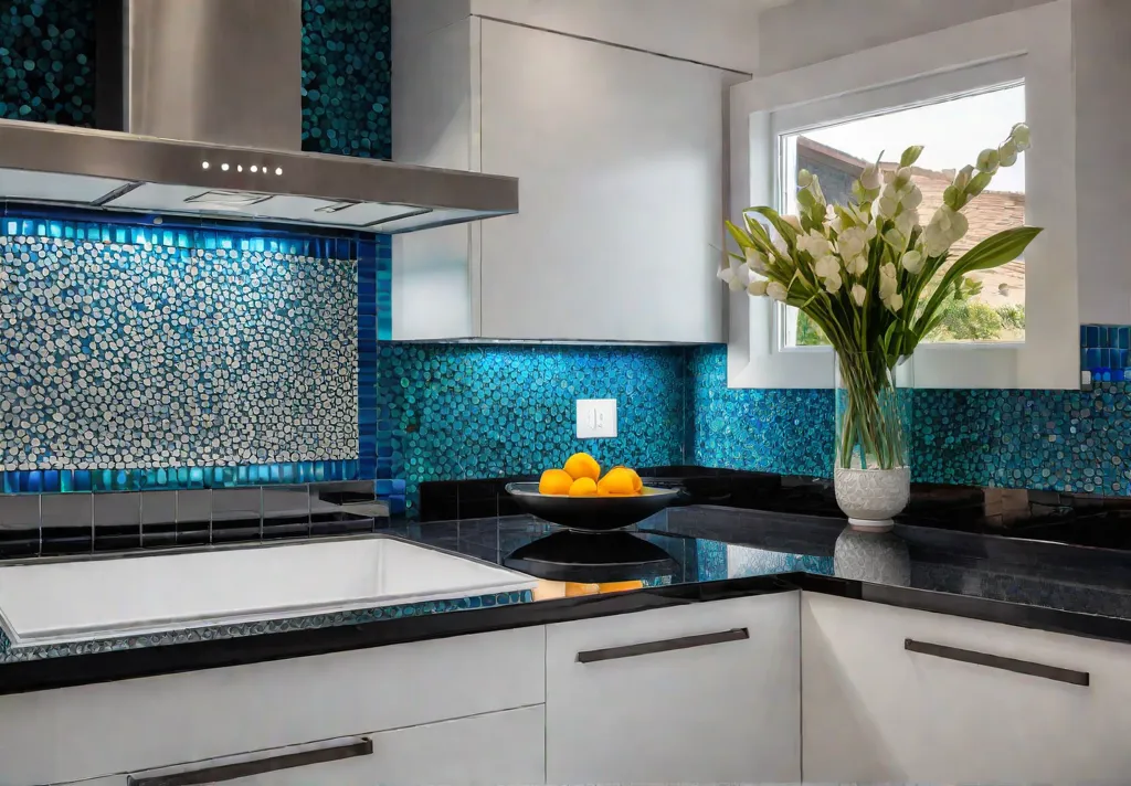 A sunlit kitchen with white cabinets and dark granite countertops A mosaicfeat