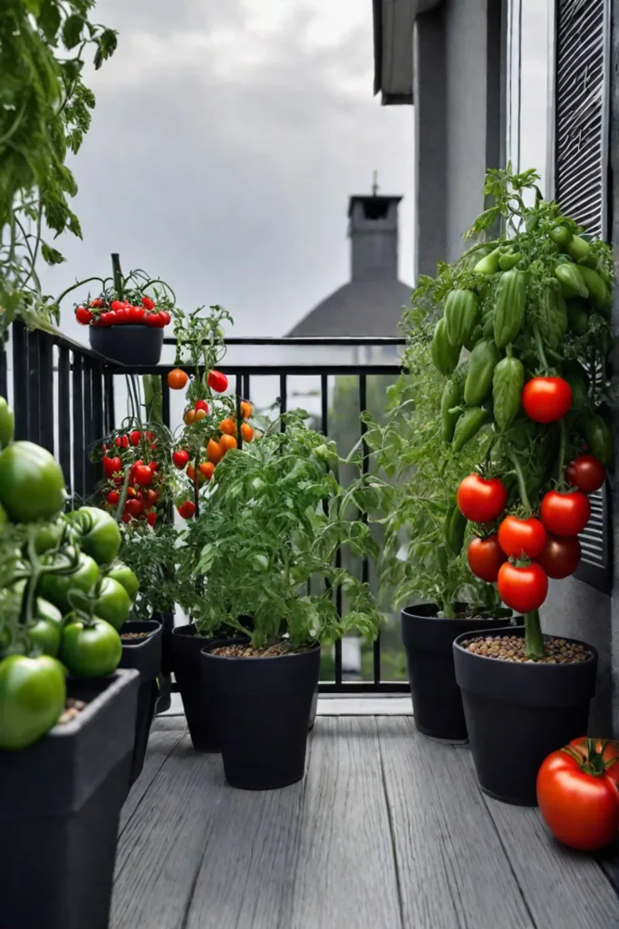 A thriving container garden on a balcony or patio with various potted