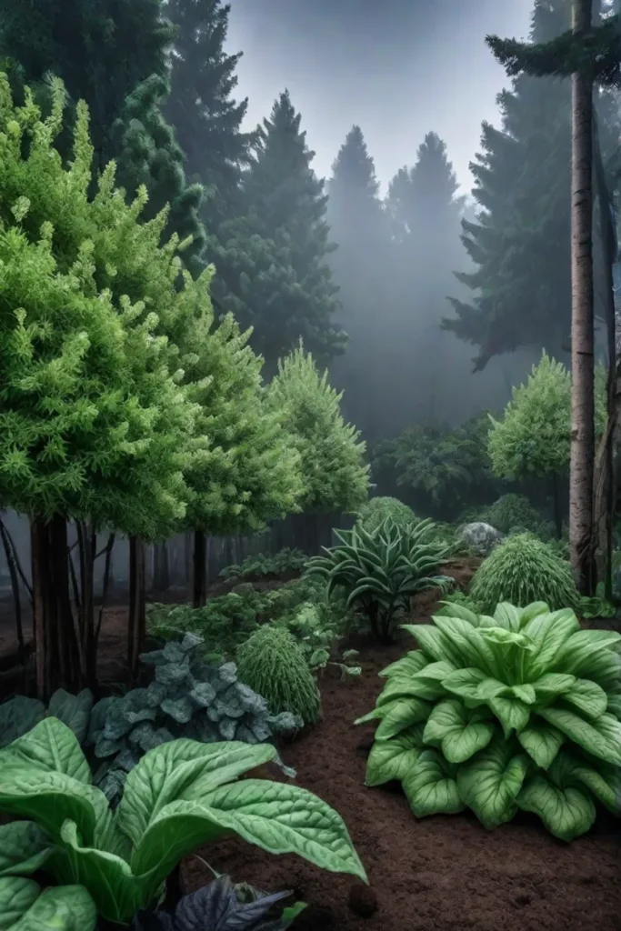 A thriving edible forest garden with a multilayered design featuring tall trees