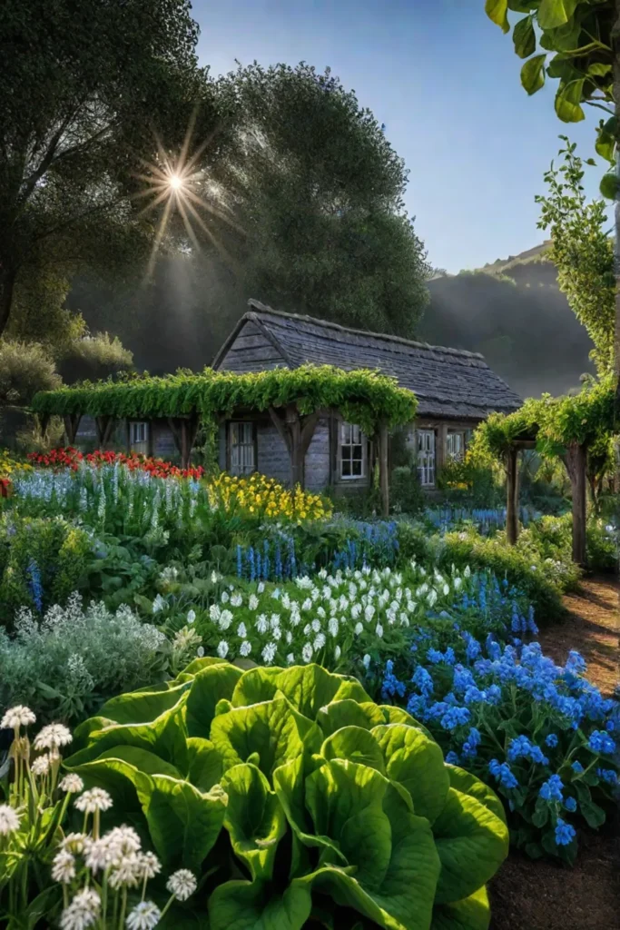 A thriving vegetable garden featuring a diverse array of companion plants such