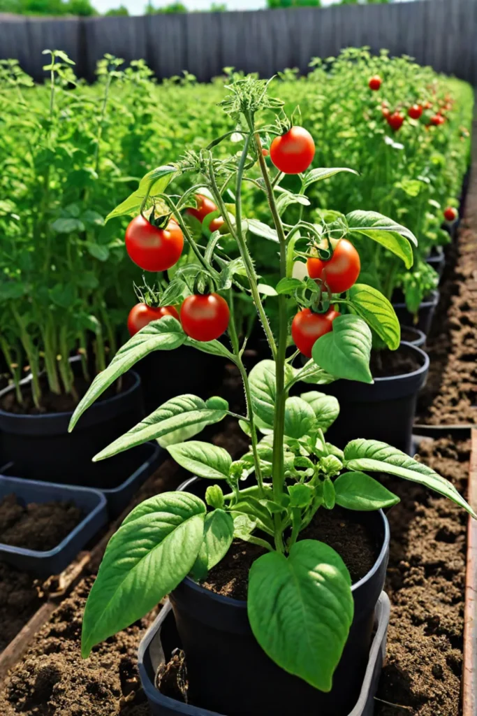 A thriving vegetable garden featuring healthy tomato plants intertwined with the aromatic