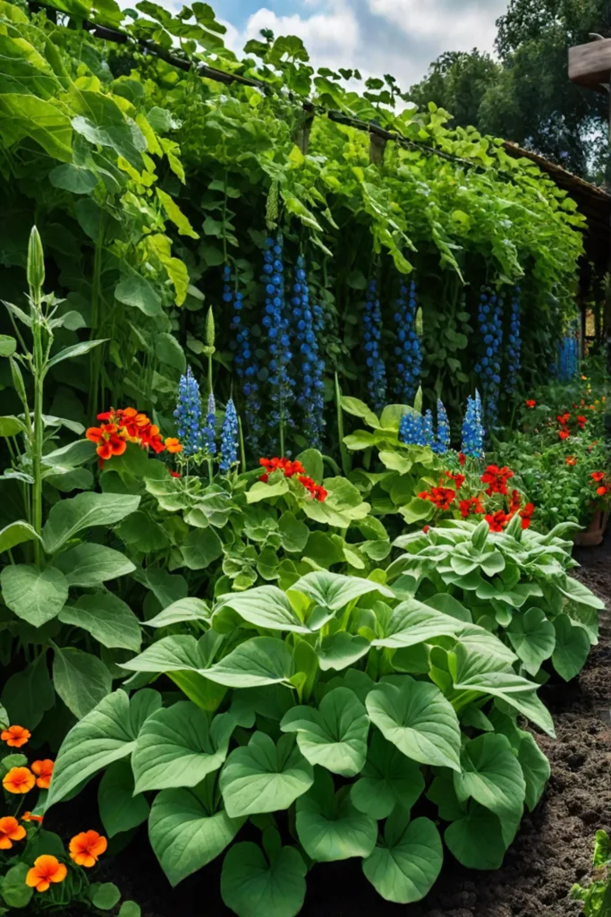 A thriving vegetable garden featuring the Three Sisters companion planting of corn