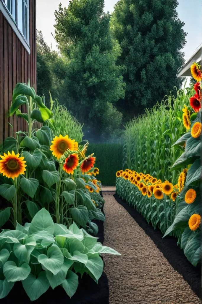 A thriving vegetable garden showcasing the iconic combination of sunflowers and corn