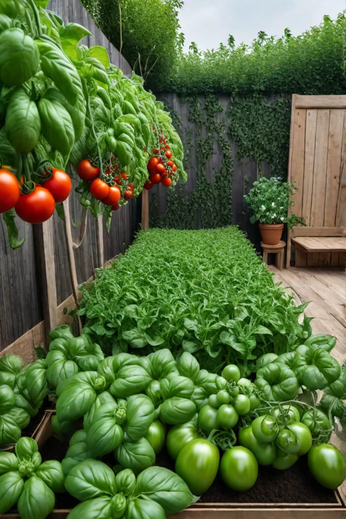 A thriving vegetable garden with tomato plants and basil growing together creating