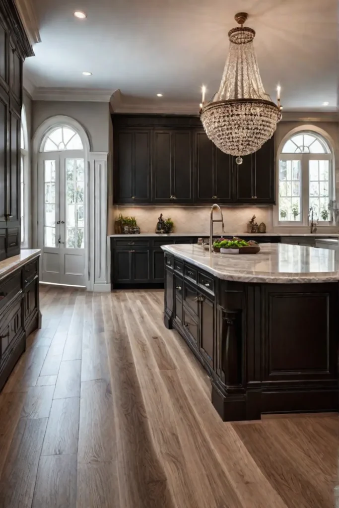 A timeless kitchen featuring rich hardwood floors traditional wooden cabinetry and a