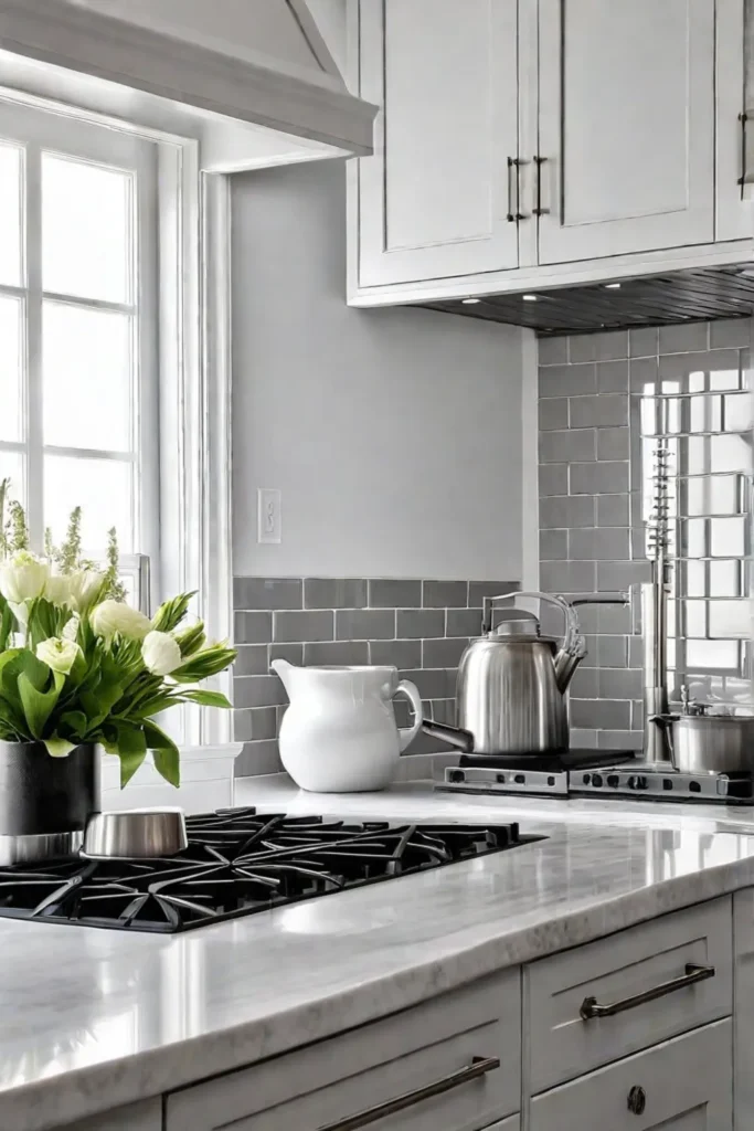 A timeless kitchen with white stainless steel and gray elements