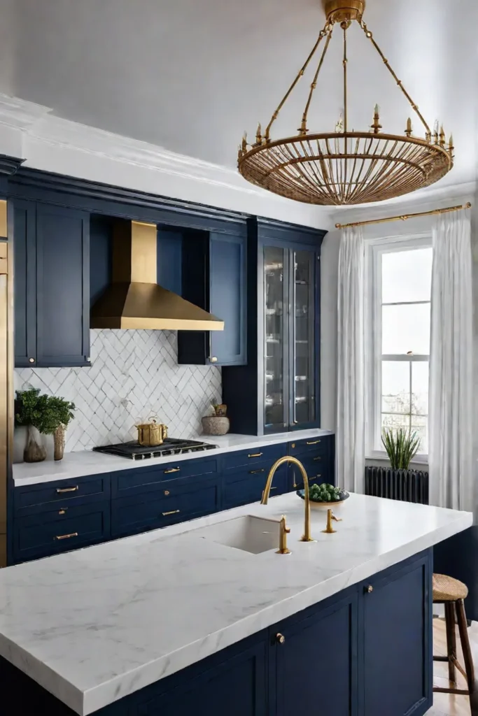 A twotone kitchen with navy and white cabinets with brass hardware