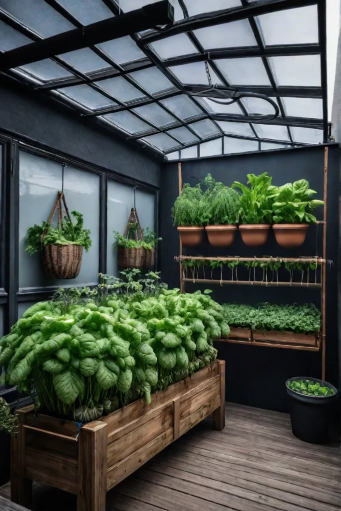 A versatile and productive container and vertical vegetable garden in an urban