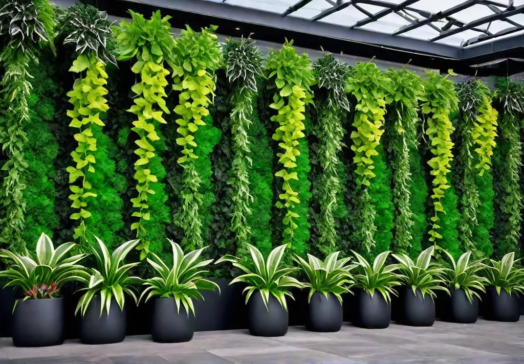 A vertical garden with a variety of leafy greens and herbs cascadingfeat