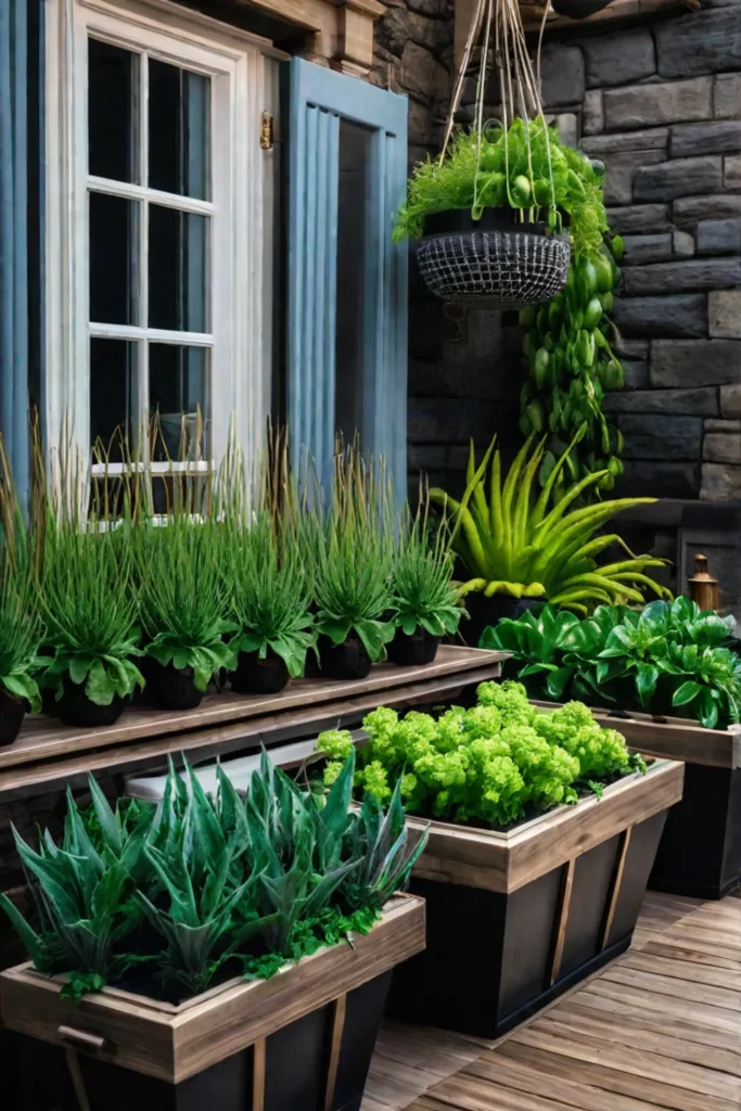 A vibrant and productive container vegetable garden on a patio or balcony