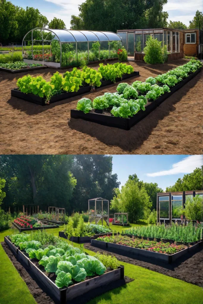 A vibrant community garden with individual garden plots shared compost areas and